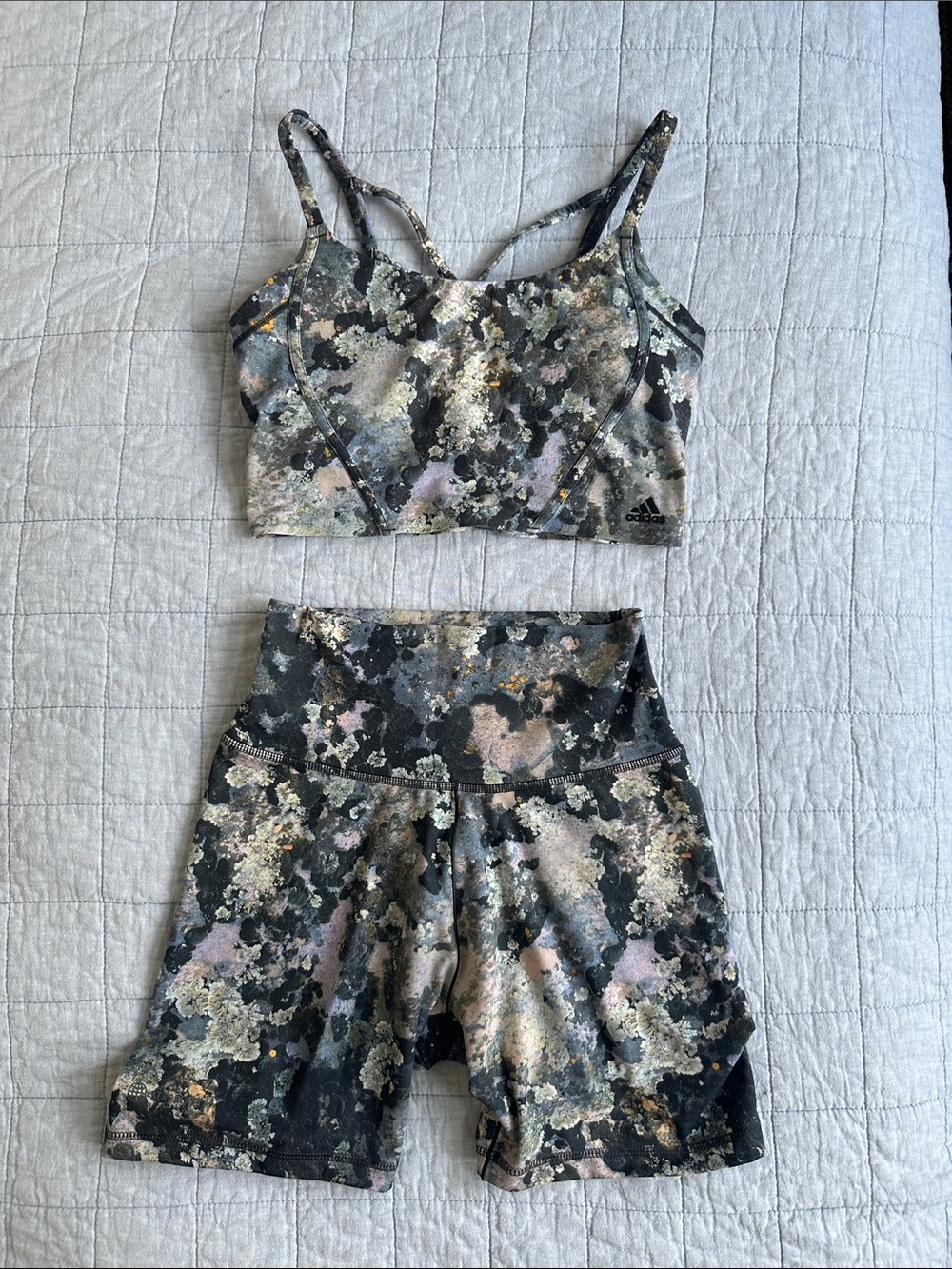 adidas Multi Printed Yoga Sports Bra and High-Waist Bike Shorts Set